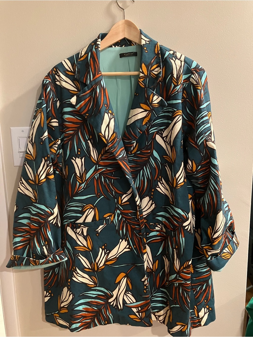 Teal Floral Notched Blazer Jacket - Unknown Brand